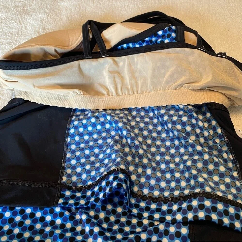 Lands End Tankini Swim Top 24W Blue Black White Polka Dot Vacation Cruise Beach